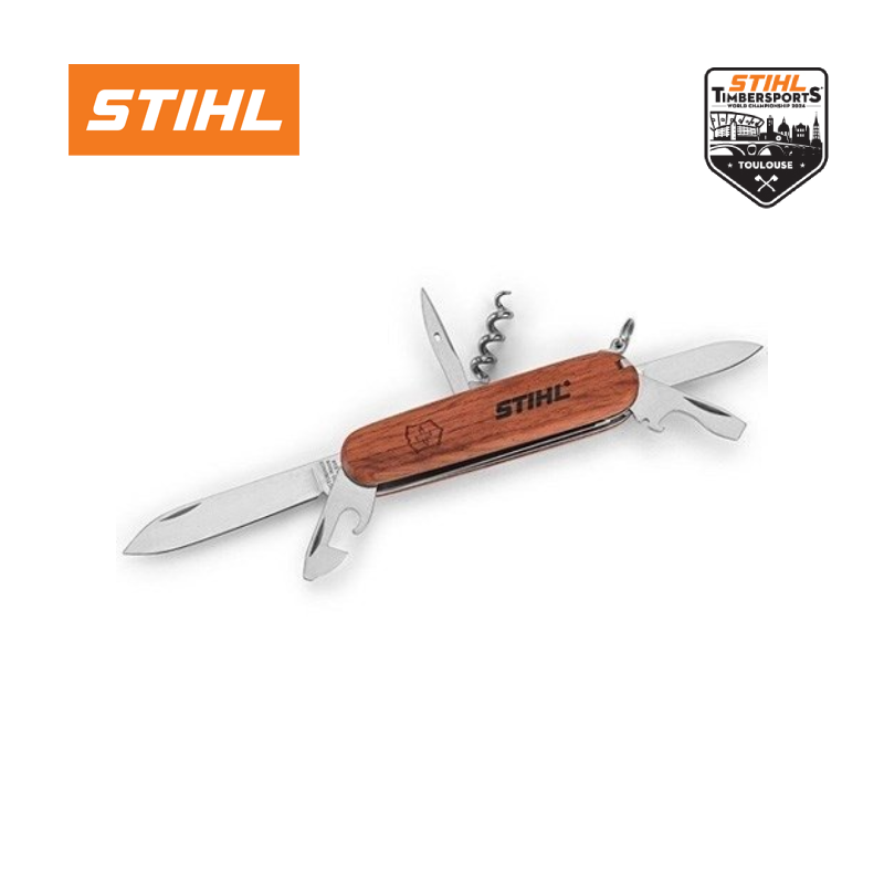A Stihl pocket knife with a wooden handle featuring the Stihl logo. The knife is open partially revealing a corkscrew and a saw. Text on the blade reads "Victorinox".