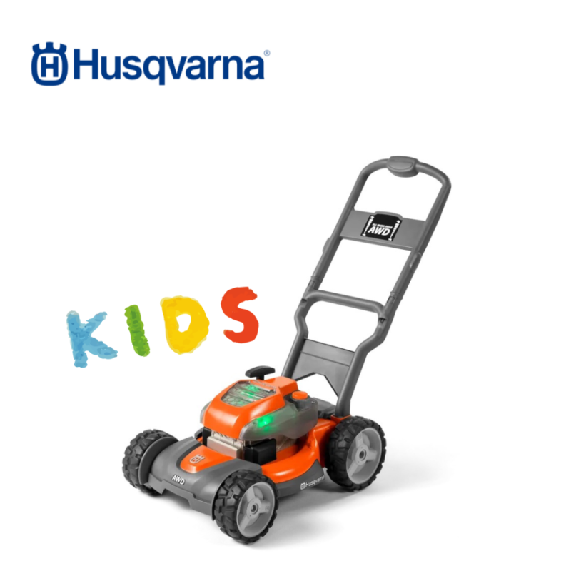 usqvarna toy lawnmower for kids with realistic design and safe outdoor play