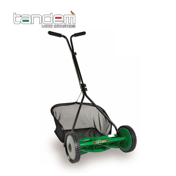 Features a 16-inch cutting width, four blades, and a grass catcher for easy and quiet mowing.