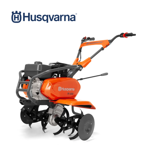 Durable tiller with a powerful engine and protective bumper for safe transport