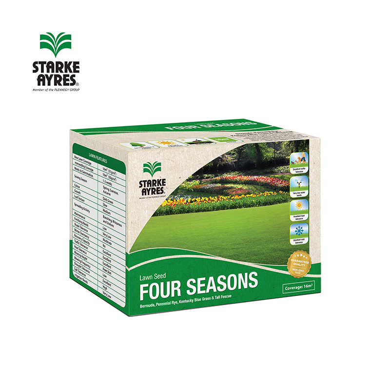 Four Seasons lawn seed blend with Bermuda, Perennial Rye, Kentucky Bluegrass, and Tall Fescue for year-round lawn