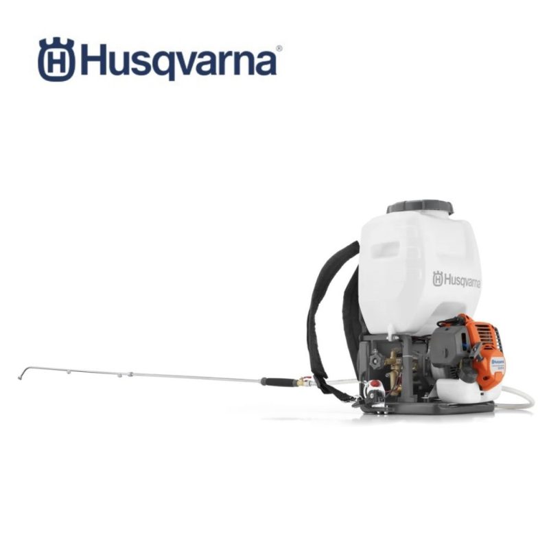 Husqvarna 321S15 agricultural backpack sprayer with large tank and multiple nozzle options.