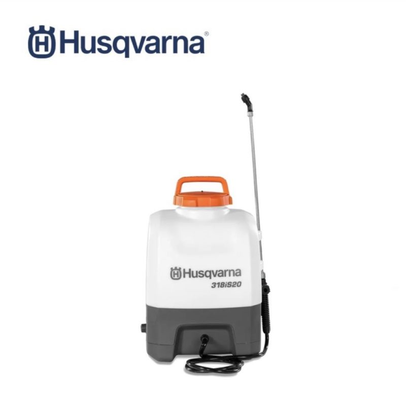 Husqvarna 318iS20 battery-powered backpack sprayer with ergonomic harness and adjustable nozzle.