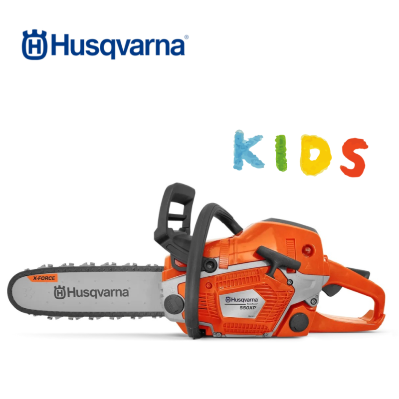 Husqvarna toy chainsaw for kids with rotating chain and realistic sound