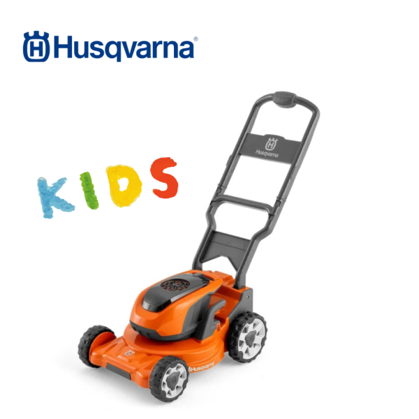 Realistic toy mower with lights, sound, and bubbles for fun outdoor play.