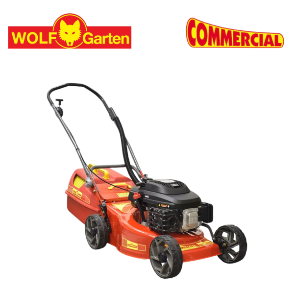 Heavy-duty Wolf Garten VX225 petrol lawn mower for powerful lawn maintenance.