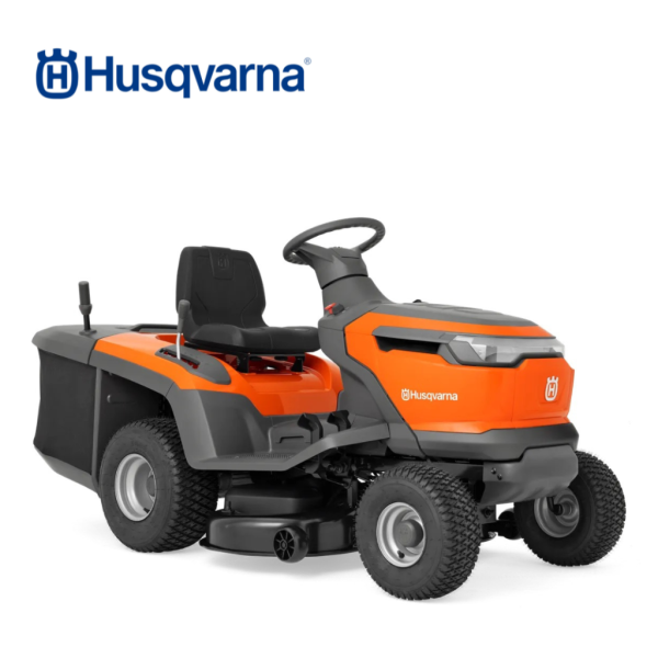 Fully electric garden tractor with an integrated grass collector for a clean and tidy lawn.